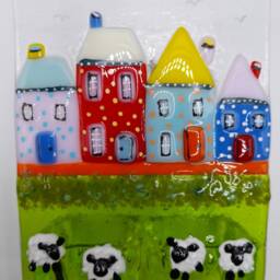 Village Green Fused Glass Art Tealight Holder. T Light Art. White Sheep. Multicoloured Houses. Countryside Rural. Bright Colours - thumbnail 3