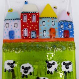Village Green Fused Glass Art Tealight Holder. T Light Art. White Sheep. Multicoloured Houses. Countryside Rural. Bright Colours - thumbnail 2
