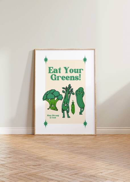 Retro Wall Art, Eat Your Greens Poster, Print, Decor, Funny Quote Cartoon Vegetable Kitchen Decor - image 1