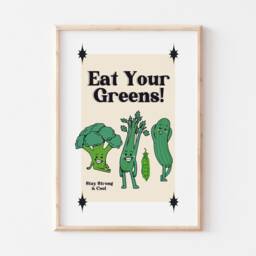 Retro Wall Art, Eat Your Greens Poster, Print, Decor, Funny Quote Cartoon Vegetable Kitchen Decor - thumbnail 3