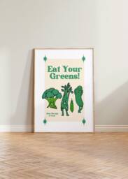 Retro Wall Art, Eat Your Greens Poster, Print, Decor, Funny Quote Cartoon Vegetable Kitchen Decor - thumbnail 1