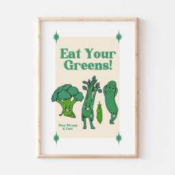 Retro Wall Art, Eat Your Greens Poster, Print, Decor, Funny Quote Cartoon Vegetable Kitchen Decor - thumbnail 2