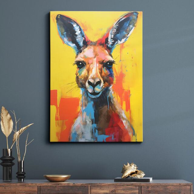 Colorful Kangaroo Animal Abstract Oil Painting Splatter Style Wall Art, Framed Canvas Poster Print, Home Kitchen Office Room Decor, Gifts - image 1