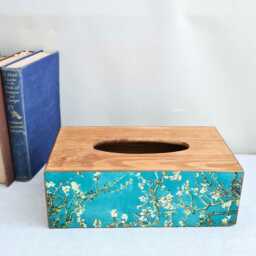 Van Gogh Almond Blossom Tissue Box, Turquoise Floral Luxury Pine Cover, Hand Decorated - thumbnail 2