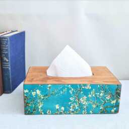 Van Gogh Almond Blossom Tissue Box, Turquoise Floral Luxury Pine Cover, Hand Decorated - thumbnail 3