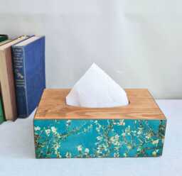 Van Gogh Almond Blossom Tissue Box, Turquoise Floral Luxury Pine Cover, Hand Decorated