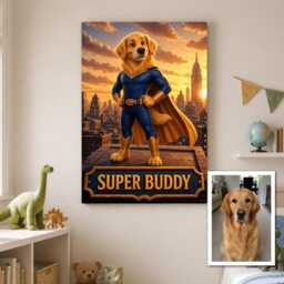 Personalised Super Pet Hero Canvas From Photo, Custom Text Dog Cat Superhero Wall Art Gift For Owner Birthday Christmas Decor - thumbnail 2
