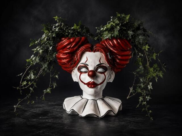 Horror Clown Head Planter - Hand-Painted Cast Stone Gothic Pot, Spooky Home Decor - image 1