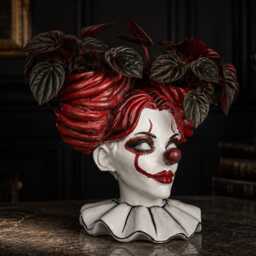 Horror Clown Head Planter - Hand-Painted Cast Stone Gothic Pot, Spooky Home Decor - thumbnail 3