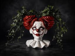 Horror Clown Head Planter - Hand-Painted Cast Stone Gothic Pot, Spooky Home Decor - thumbnail 1