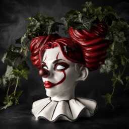 Horror Clown Head Planter - Hand-Painted Cast Stone Gothic Pot, Spooky Home Decor - thumbnail 2