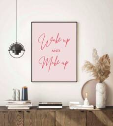 Pink Red Dressing Room Office Bedroom Print Quote, Wake Up Make Funny Wall Art Print, Poster Decor Fun Women Cosmetics - thumbnail 1