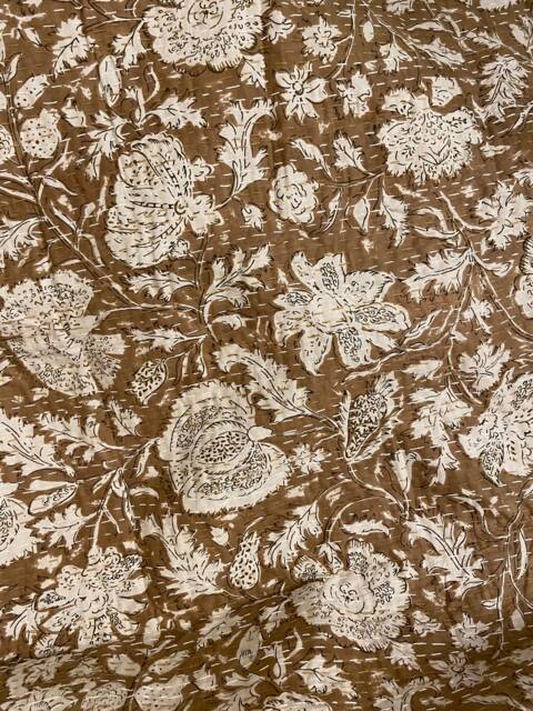 Brown Floral Minimal Kantha Quilt Pure Cotton Queen Throw Blanket Bedspread Coverlet Bed Cover Boho Embroidered - image 1