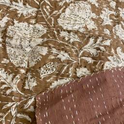 Brown Floral Minimal Kantha Quilt Pure Cotton Queen Throw Blanket Bedspread Coverlet Bed Cover Boho Embroidered - thumbnail 3