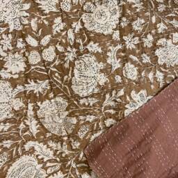 Brown Floral Minimal Kantha Quilt Pure Cotton Queen Throw Blanket Bedspread Coverlet Bed Cover Boho Embroidered - thumbnail 2