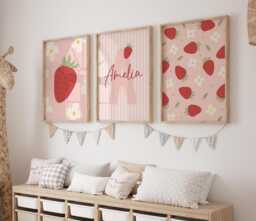 Set Of 3 Strawberry Nursery Prints - Custom Name Floral Strawberries Personalised Girl Baby Room Cute Coquette Pink Wall Decor Unframed - thumbnail 1