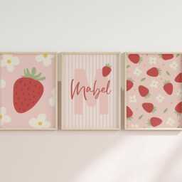 Set Of 3 Strawberry Nursery Prints - Custom Name Floral Strawberries Personalised Girl Baby Room Cute Coquette Pink Wall Decor Unframed - thumbnail 2