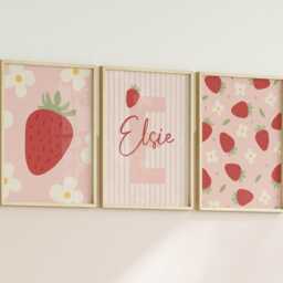 Set Of 3 Strawberry Nursery Prints - Custom Name Floral Strawberries Personalised Girl Baby Room Cute Coquette Pink Wall Decor Unframed - thumbnail 3