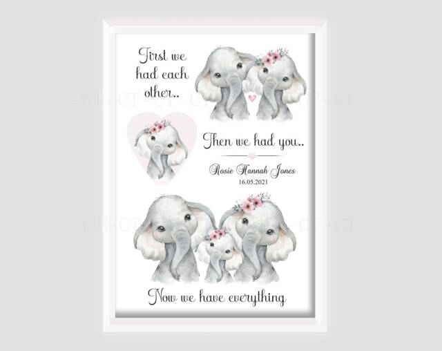 Personalised Safari Animal Elephant Family Print Girl - Unframed Birth Gift New Baby Keepsake - image 1