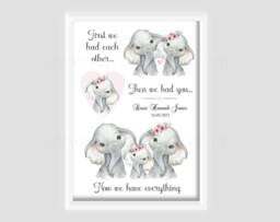 Personalised Safari Animal Elephant Family Print Girl - Unframed Birth Gift New Baby Keepsake - thumbnail 1