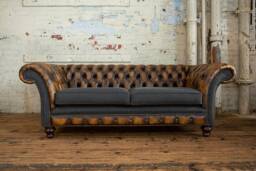 Handmade 3 Seater Antique Tan Leather Chesterfield Sofa & Dark Grey Herringbone Wool
