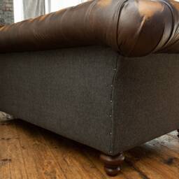 Handmade 3 Seater Antique Tan Leather Chesterfield Sofa & Dark Grey Herringbone Wool - thumbnail 4