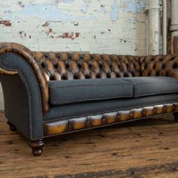 Handmade 3 Seater Antique Tan Leather Chesterfield Sofa & Dark Grey Herringbone Wool - thumbnail 2