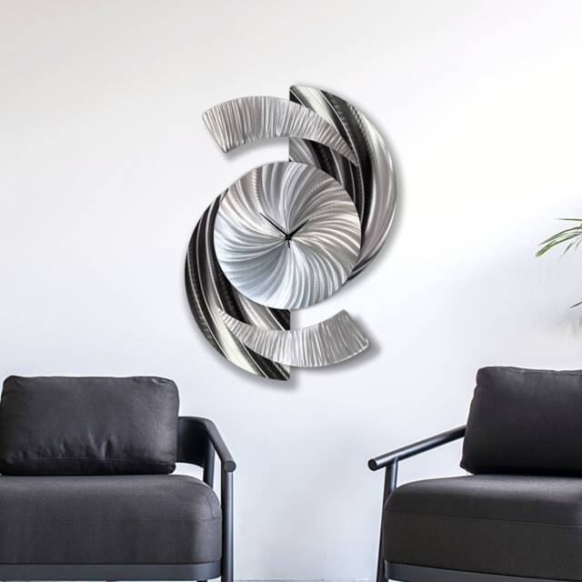 Large Modern Metal Wall Clock Abstract Silver Sculpture, Silent 18x24 Inches - image 1