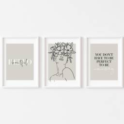 Bedroom Prints Set Of 3 - Line Art Pencil Drawing Woman Flowers Wall Abstract Print Grey Female Motivational Poster - thumbnail 2