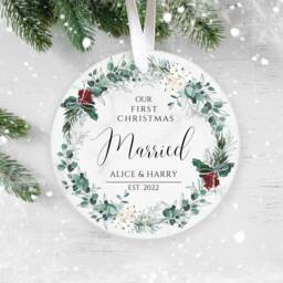 Our First Christmas Married, Personalised Ceramic Decoration, Ornament 2023, Personalized Ornament, Wedding Keepsake - thumbnail 1