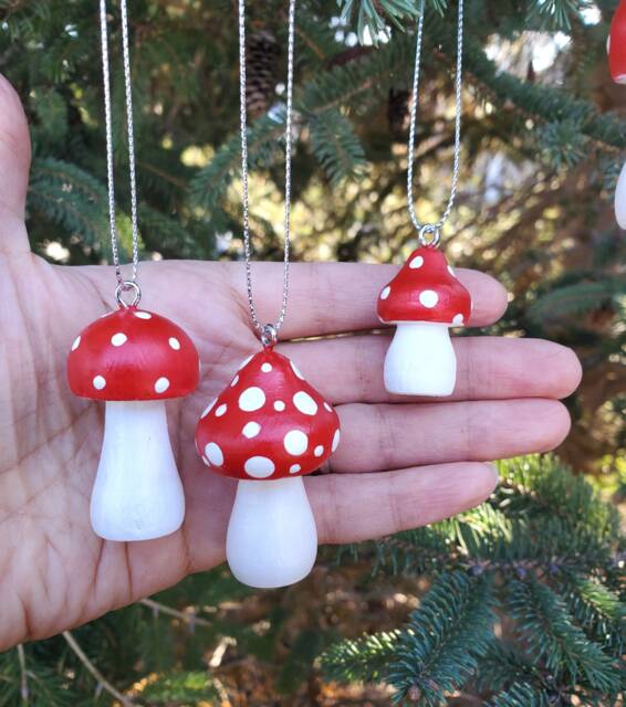 Hand-Painted Wood Mushroom Ornaments, Unique Christmas Ornaments Red Spotted, Set Of 5 - image 1