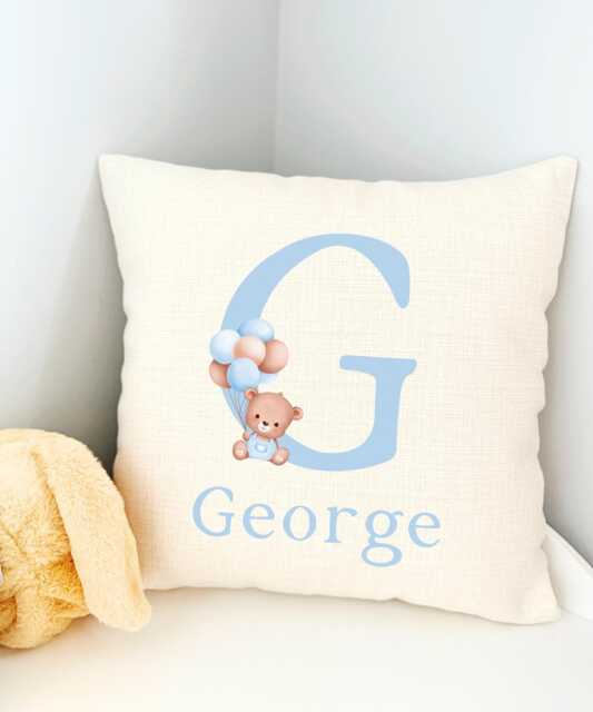 Boy Teddy Bear Cushion Cover, Blue Decor, Personalised Name Cushion, Children Name, Nursery Balloon Decor - image 1