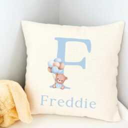 Boy Teddy Bear Cushion Cover, Blue Decor, Personalised Name Cushion, Children Name, Nursery Balloon Decor - thumbnail 2
