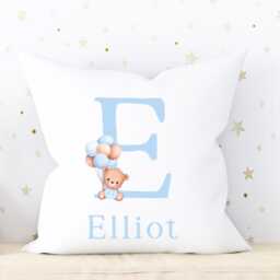 Boy Teddy Bear Cushion Cover, Blue Decor, Personalised Name Cushion, Children Name, Nursery Balloon Decor - thumbnail 4