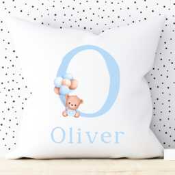 Boy Teddy Bear Cushion Cover, Blue Decor, Personalised Name Cushion, Children Name, Nursery Balloon Decor - thumbnail 3