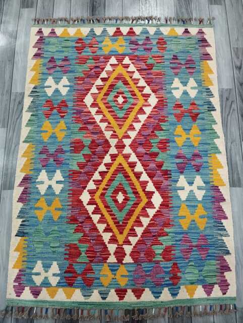 Multicolour Rug, Handmade Artisan Afghan Turkish Scandinavian Navajo Bohemian Flatweave Wool Kilim 146x104 cm - image 1