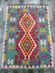 Multicolour Rug, Handmade Artisan Afghan Turkish Scandinavian Navajo Bohemian Flatweave Wool Kilim 146x104 cm - thumbnail 1