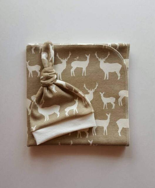 Elk Organic Swaddle Blanket & Newborn Hat Set. Take Home Baby Shower Gift. Photo Prop - image 1