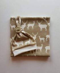 Elk Organic Swaddle Blanket & Newborn Hat Set. Take Home Baby Shower Gift. Photo Prop
