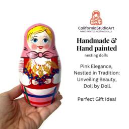 Handmade Pink Nesting Dolls Traditional Wooden Matryoshka Set - thumbnail 2