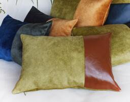Lime Green Velvet & Cognac Faux Leather Color Block Pillow Cover