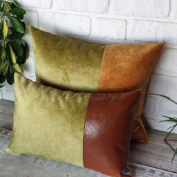 Lime Green Velvet & Cognac Faux Leather Color Block Pillow Cover - thumbnail 3