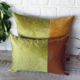 Lime Green Velvet & Cognac Faux Leather Color Block Pillow Cover - thumbnail 2