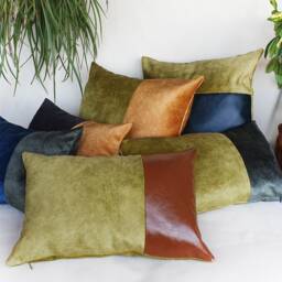 Lime Green Velvet & Cognac Faux Leather Color Block Pillow Cover - thumbnail 4