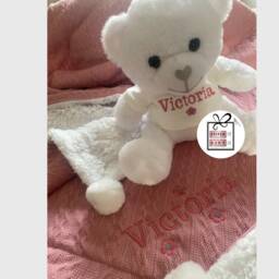 Personalised Baby Gift Set Cable Knitted Pink Blue Car Flower Nursery Blanket & White Teddy -Name Embroidered Pom Pom/Sherpa Reverse
