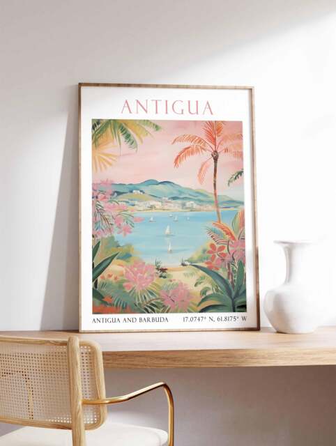 Antigua Travel Print, Vintage Poster, Caribbean Beach Sea Art, Travel Gift - image 1