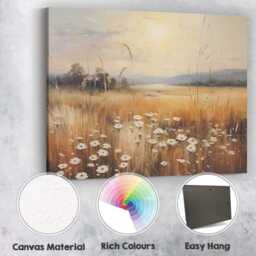 Golden Meadow Wildflowers Sunset Field Landscape Canvas Wall Art Print Decor Picture Ready To Hang - thumbnail 2