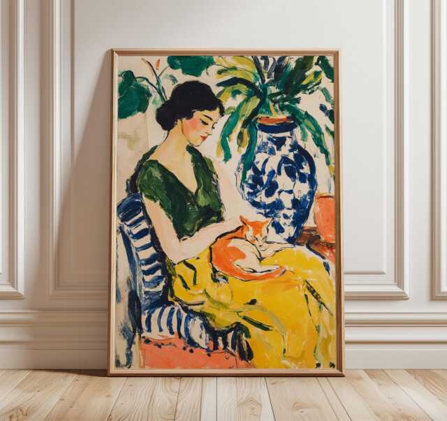 Woman & Cat, Green Interior Poster, Modern Impressionist Wall Art Print, Elegant Figurative Decor, Fine Abstract Painting - image 1