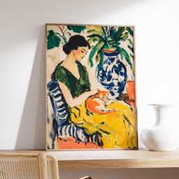 Woman & Cat, Green Interior Poster, Modern Impressionist Wall Art Print, Elegant Figurative Decor, Fine Abstract Painting - thumbnail 2