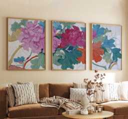 Botanical Floral Poster Set - Pink Green Illustrated Flower Prints Decorative Line Art Wall - thumbnail 1